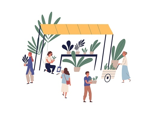 Stall or kiosk with plants at outdoor market or fair vector flat illustration. Woman florist selling houseplants and seedlings at street floral shop isolated. Customers with potted flowers.