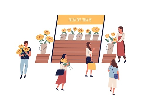 Street kiosk with fresh cut flowers vector flat illustration. Woman vendor sell garden plants at stall at outdoor fair or market isolated. Customers walk and buy natural seasonal bouquets.