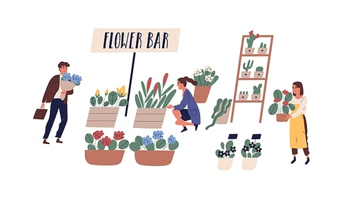 Buyers and florist at outdoor flower bar, fair or market vector flat illustration. People selling, buying and carrying bouquets and potted plants isolated. Street shop with houseplants and cut flowers