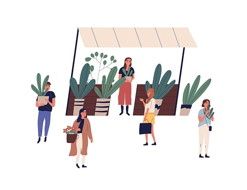 Female vendor at outdoor floristic or stall vector flat illustration. Florist selling potted plants and houseplants at street market or fair isolated. People walking and buying flowers.
