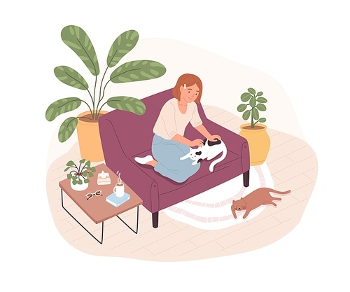 Caring woman stroking cute cat sitting on couch together vector flat illustration. Happy female owner of two pets spending time at home isolated on white. Smiling person with her domestic animals.