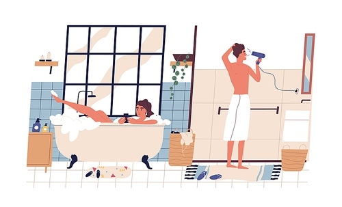 Young couple during everyday hygiene rituals in bathroom. Woman surfing internet in smartphone and lying in foamy bath tub. Man drying hair with hairdryer. Flat vector illustration isolated on white.