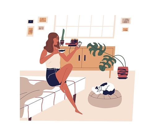 Young woman taking photo of cute sleeping cat. Female character using smartphone in cozy bedroom. Scene of everyday life, morning routine, rest at home with pet. Flat vector cartoon illustration.