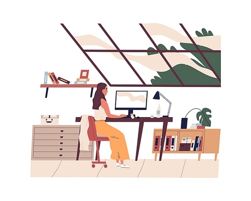 Young woman sitting at table and working or studying online at computer in modern comfortable home office during quarantine. Everyday working routine of freelancer. Flat vector illustration isolated.