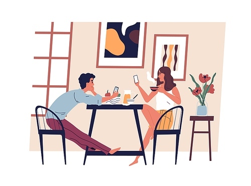 Young modern couple with smartphones in the kitchen while eating and drinking coffee. Mobile phone addiction concept. Family daily routine, breakfast and surfing internet. Flat vector illustration.