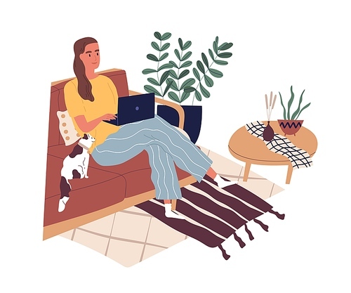 Freelancer sitting with laptop working at home during quarantine. Modern young woman sitting on sofa and studying online. Everyday routine. Flat vector illustration isolated on white .