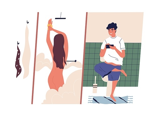 Young couple during everyday hygiene rituals in bathroom. Woman taking shower while man sitting on toilet watching funny videos on phone. Daily routine. Colorful flat vector illustration.