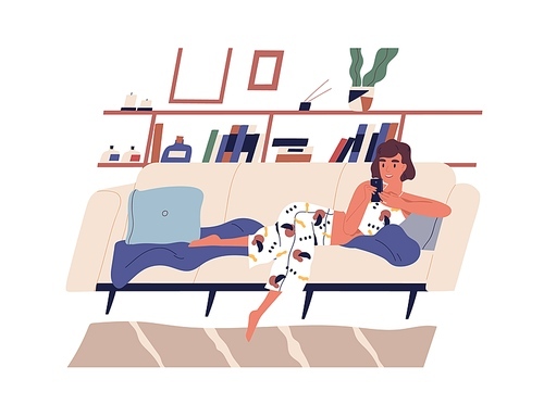 Young woman spending time with smartphone surfing internet and lying on sofa at home. Female character chatting or communicating by phone on couch. Flat vector illustration isolated on white.