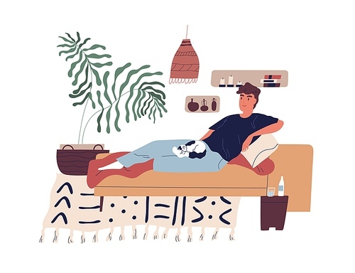 Young smiling man relaxing on sofa with cat on his knees. Happy guy spending leisure time alone at home doing nothing at weekend. Colorful flat vector illustration isolated on white .