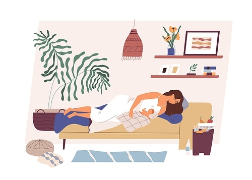 Tired and happy mom with newborn baby sleeping together in modern cozy room. Mother and child lying on bed. Colored flat vector illustration isolated on white .