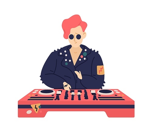 Young hipster female disc jockey play electronic dance music on dj console. Trendy musician mixing musical records on turntable panel. Flat vector cartoon illustration isolated on white.