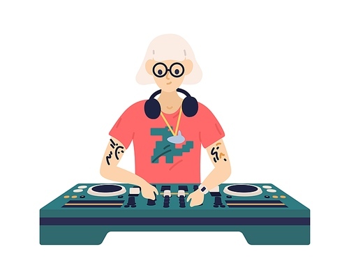 Trendy disc jockey play electronic dance music on dj console. Female musician mixing sound records on turntable panel. Flat vector cartoon illustration of music player isolated on white.