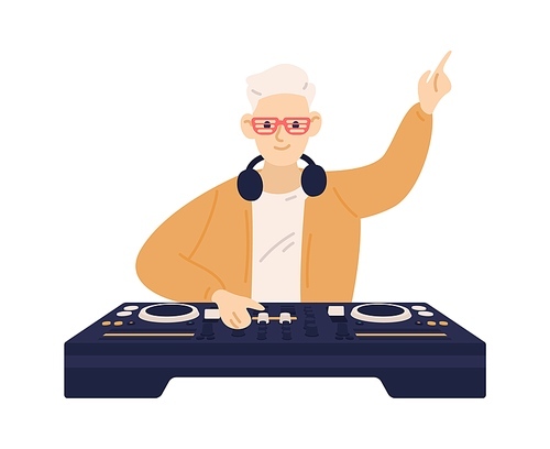 Young trendy disc jockey playing electronic dance music on dj console. Male musician mixing audio records on turntable panel. Flat vector cartoon illustration isolated on white .