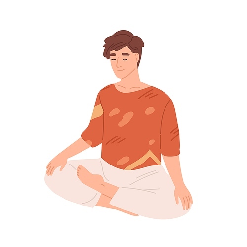Man with closed eyes meditating with his legs crossed. Young guy practicing meditation, breathing exercises and relaxing in yoga lotus pose. Flat vector illustration isolated on white .