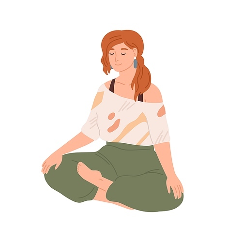 Woman with closed eyes meditating in yoga lotus posture. Female character sitting with her legs crossed and performing meditation practice. Flat vector illustration isolated on white .