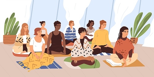 Group of young women sitting on mats, meditating and performing breath control exercises. Yoga retreat, spiritual practice and meditation. Female class. Colored flat cartoon vector illustration.