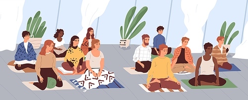 Group of young men and women sitting separately on floor, meditating and performing breathing exercises at yoga retreat class. Anapana and vipassana practice. Colored flat vector illustration.