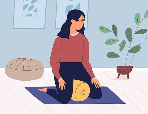 Peaceful young woman meditating in kneeling yoga position with cushion. Relaxed female character practicing meditation and performing breath control exercises at home. Color flat vector illustration.