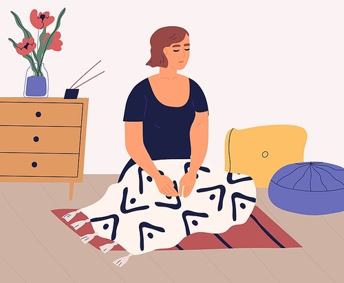 Woman meditating and performing breath control exercises on floor at home. Peaceful relaxed person practicing yoga, mindfulness meditation at home. Colored flat vector illustration.