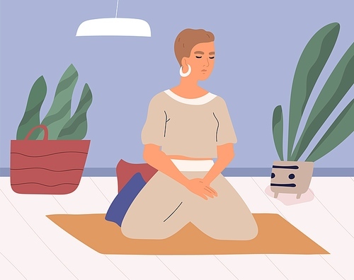 Woman meditating and performing breath control exercises in full lotus posture on mat. Peaceful relaxed yogi practicing yoga and mindfulness or vipassana meditation. Colored flat vector illustration.