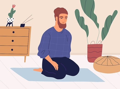 Man meditating and performing breath control exercises in kneeling position on mat. Peaceful relaxed guy practicing yoga and mindfulness meditation on floor at home. Colored flat vector illustration.