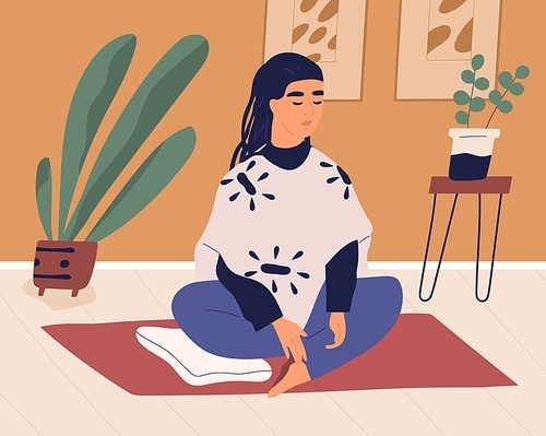 Young woman sitting on mat in silence and meditating. Calm relaxed person practicing breath control exercises, yoga and mindfulness meditation on floor at home. Colored flat vector illustration.