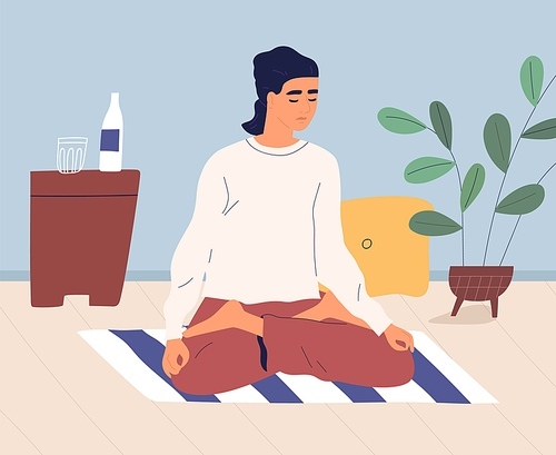 Woman meditating and performing breath control exercises in full lotus posture on floor. Relaxed yogi practicing yoga and vipassana meditation on mat at home. Colorful flat vector illustration.