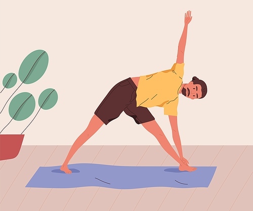 Young man practising yoga at home. Male character doing stretching indoors. Yogi doing parivritta trikonasana asana on mat. Vector illustration in flat cartoon style.