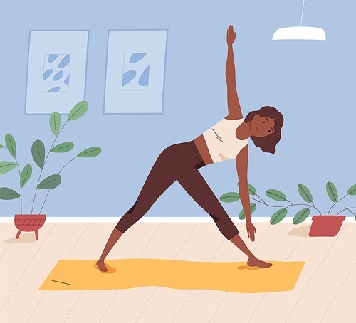 African american woman practising yoga at home. Female character doing asana or stretching indoors. Black yogini performing parivritta trikonasana on mat. Vector illustration in flat cartoon style.