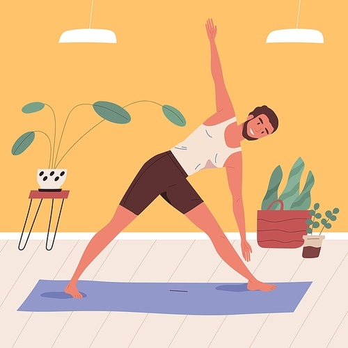 Man standing in triangle pose, practicing yoga vector flat illustration. Smiling male character doing asana at home. Happy guy in parivritta trikonasana position. Yogi enjoy morning physical activity.