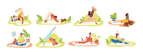 Set of different flexible people practicing yoga with pets at home or outdoor vector flat illustration. Collection of diverse man and woman exercising with cats, dogs and goatlings isolated on white.