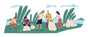 People cleaning shore by collecting garbage into trash bags. Family of eco volunteers working together and picking plastic litter. Parents and children care about nature. Flat vector illustration.