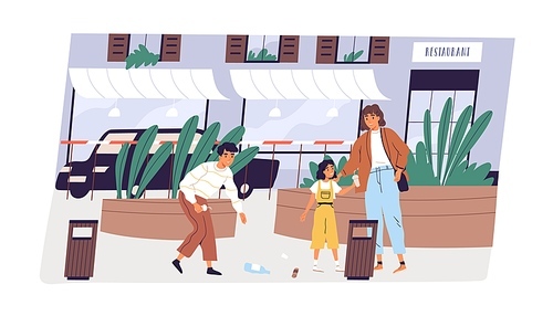 Child collecting garbage in street. Young modern mother with children picking up rubbish to throw it into waste bin. Boy and girl show good manners and care about clean city. Flat vector illustration.
