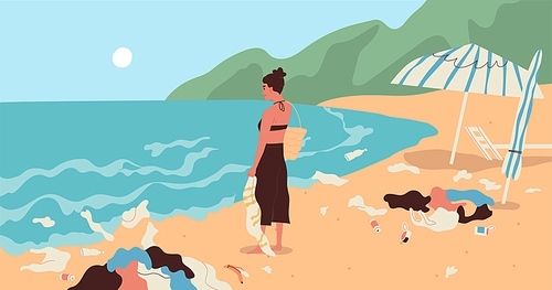 Young woman at dirty sea coast full of garbage. Marine summer scenery with plastic trash and rubbish. Contaminated environment and ecological problems concept. Flat vector illustration.