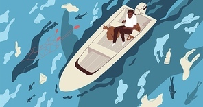Ecological catastrophe and water contamination concept. Male character in boat on dirty sea contaminated with plastic garbage like bags and bottles. Colorful flat vector illustration.