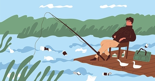 Ecological catastrophe and water contamination concept. Fisherman catching fish at dirty river contaminated with plastic garbage. Polluted environment. Colorful flat vector illustration.