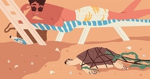 Extinction of wild species concept. Endangered animal extincting on dirty trashed planet. Sea turtle or tortoise dead from polluted environment. Colorful flat vector illustration.