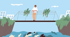Ecological catastrophe and water contamination concept. Young man standing on bridge in city park and watching at dirty polluted water full of plastic garbage. Flat vector illustration.