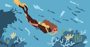 Ecological catastrophe and water contamination concept. Female scuba diver floating in dirty sea or ocean contaminated with plastic garbage. Endangered underwater ecosystem. Flat vector illustration.
