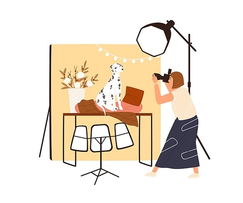 Photographer makes photos of dog in studio with professional light. Woman with camera shooting pet. Photo session or photography of domestic animal. Flat vector illustration isolated on white.