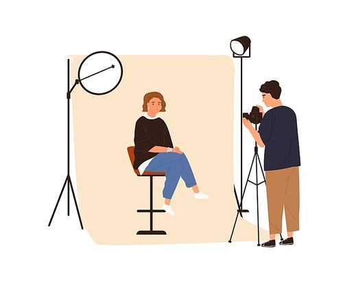 Portrait photography backstage. Male film photographer taking photo or shooting woman posing in studio with professional pulse light. Colored flat vector illustration isolated on white .