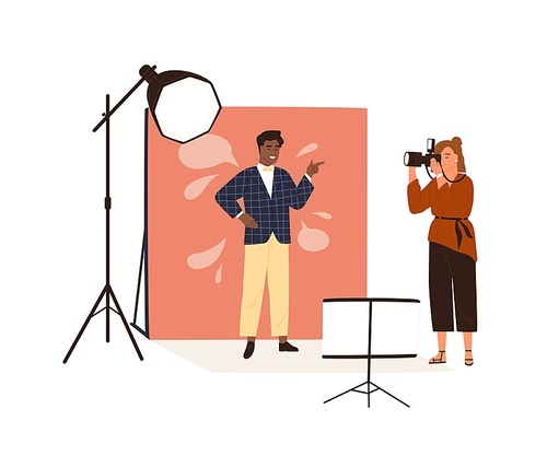 Portrait photography backstage. Female photographer taking photo or shooting African American man posing in studio with professional pulse light. Flat vector illustration isolated on white .