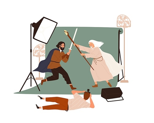 Photography or filmmaking backstage. Photographer taking photo of staged medieval battle between armed men. Shooting actors in studio with professional light. Flat vector illustration on white.
