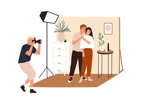 Love story photoshoot session. Family photographer taking pictures or shooting posing couple in photo studio interior with professional light. Flat vector illustration isolated on white .