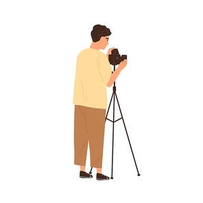 Professional male photographer adjusting film photo camera on tripod and taking pictures. Young cameraman making shots at work. Colored flat vector illustration isolated on white background.
