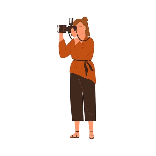 Professional female photographer holding digital photo camera with flashlight and taking pictures. Young woman focusing and making shots. Colored flat vector illustration isolated on white .