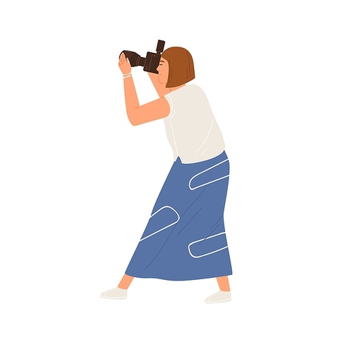 Side view of professional female photographer holding digital photo camera and taking pictures. Young woman focusing and making shots. Colored flat vector illustration isolated on white .