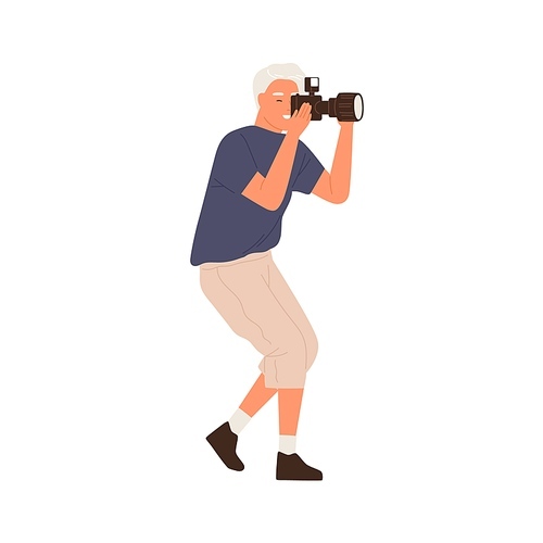 Side view of professional male photographer holding digital photo camera and taking pictures. Modern man focusing and making shots. Colorful flat vector illustration isolated on white .