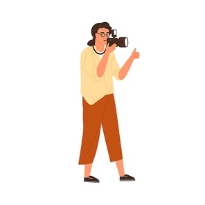Professional female photographer holding digital photo camera, having thumb up and taking pictures. Young woman focusing and making shot. Colored flat vector illustration isolated on white .