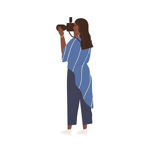 Professional female photographer or videographer taking pictures or shooting video with camera. Young African American woman taking photos or shots. Flat vector illustration isolated on white.